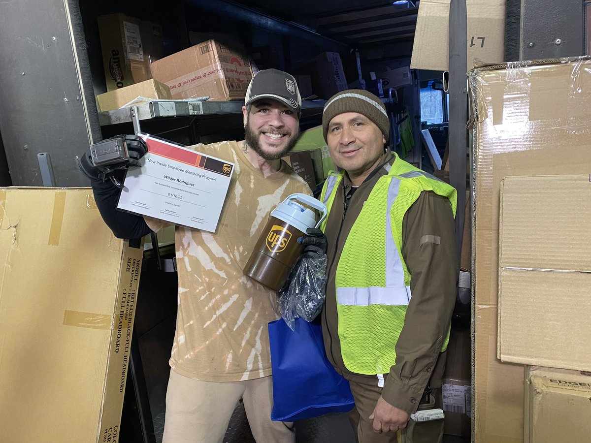 New inside employee mentoring complete! ✅ Our committee mentor Dave Burgos presented Wilder Rodriguez with his mentoring diploma, along with a UPS cooler, tshirt, and tote bag. -Taylor Marino,  Vineland Center