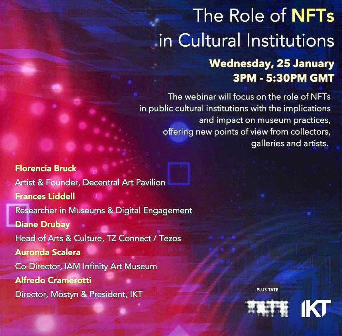 The Role of NFTs in Cultural Institutions: Wednesday, 25 January (3PM - 5:30PM GMT)
The webinar will focus on the role of NFTs in public cultural institutions. @tate <a href="/dartpavilion/">DecentralArtPavilion</a> <a href="/AurondaScalera/">auronda</a> <a href="/CuratorView/">Alfredo Cramerotti | Curating art & people 🙌</a> <a href="/FlorenciaBruck/">Florencia S.M. Brück 💎</a>  #franceslidelld

eventbrite.co.uk/e/the-role-of-…