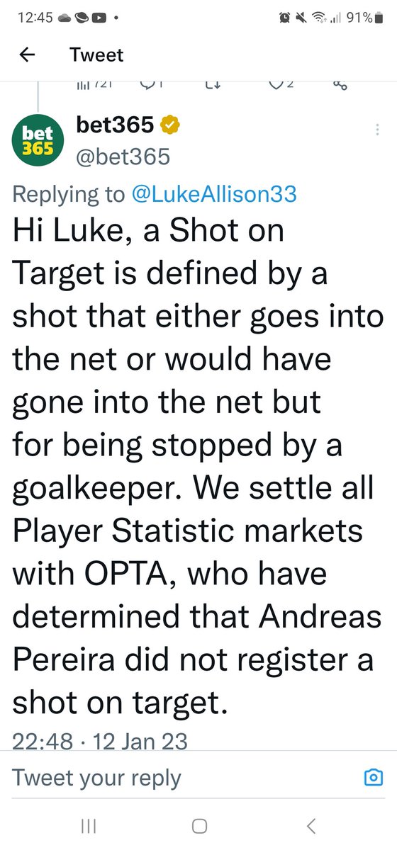 Eastcornerman's tweet photo. @DLamara @OptaJoe @AskPaddyPower @bet365 
Even your own definition of a shot on target in a previous tweet confirms Wilson's shot was on target. Stop hiding behind the Opta excuse and settle the bets correctly according to your own rules. https://t.co/EoUMQhxHmu