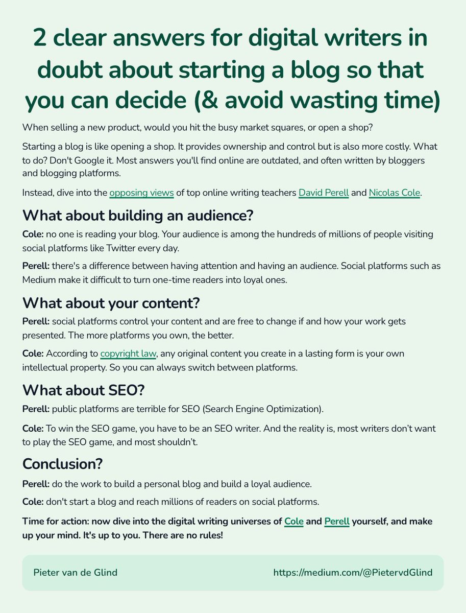 Should you start a blog?

Don’t Google it. You'll get answers from bloggers and blogging platforms.

Instead, dive into the opposing views of top online writing teachers David Perell &amp; Nicolas Cole.