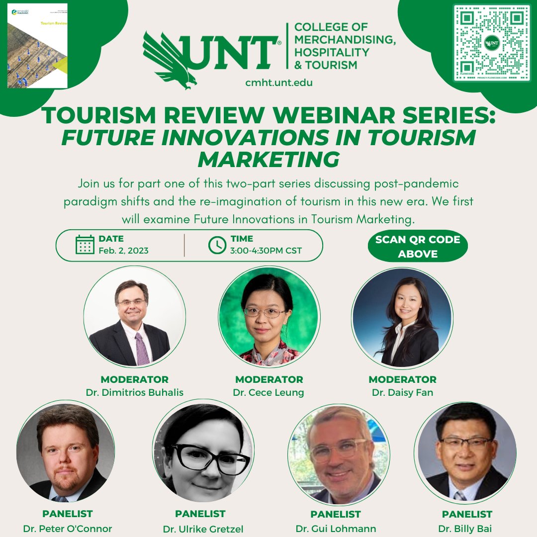 Join Tourism Review Webinar Series to discuss:
 The Future Innovations in Tourism Marketing 
Thursday 2 February 23 - 3pm Houston, 21 London 8am Sydney time Register 
unt.zoom.us/webinar/regist…

The webinar focuses on future #innovations in #tourism #paradigm #marketing