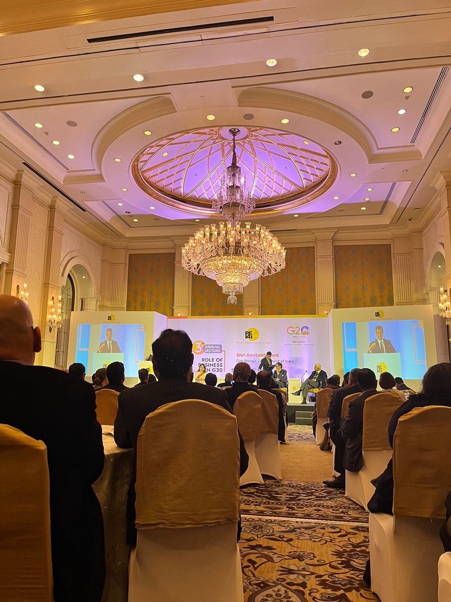 MSLIndia_PA's tweet photo. @MSLIndia_PA today attended the 3rd Annual lecture on Role of Business in G20 organized by @PAFIIndia. Shri @amitabhk87 highlighted how Indian businesses can play a crucial role in making India's G20 Presidency stronger. #G20India https://t.co/EMoSYYLFHB