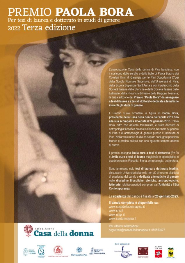 PREMIO PAOLA BORA
Il 20 gennaio prossimo chiude il bando della terza edizione del Premio Paola Bora per tesi magistrali e di dottorato in studi di genere. A questo link il bando e le modalità di partecipazione 
casadelladonnapisa.it/premio-paola-b…