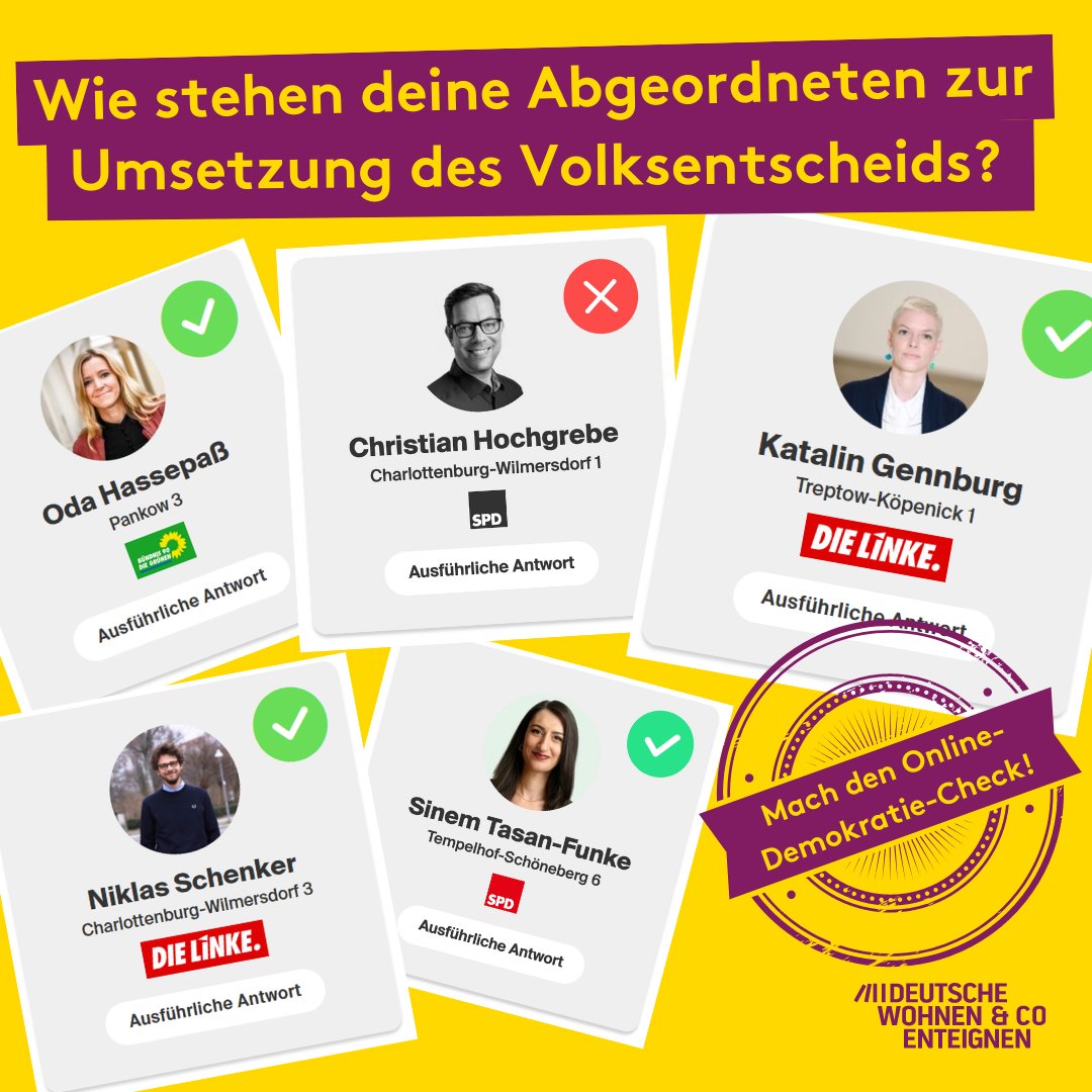 dwenteignen's tweet photo. ✅ Ja sagen 1 Million Berliner*innen (59,1 %).
✅ Ja sagt die Vergesellschaftungs-Kommission.
✅ Ja sagt sogar der Berliner Finanzsenator.
❌ Wer trotzdem den Willen der großen Mehrheit der Berliner*innen ignorieren möchte, siehst du hier:

👉 https://t.co/c12v8uD0Hn

#Berlinwahl https://t.co/geHmKxNVap