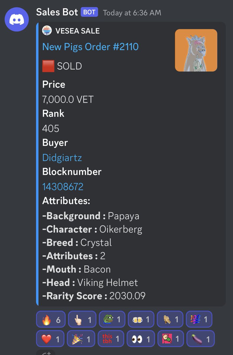 NewPigsOrderNFT's tweet image. 🚨 BIG BUY ALERT 🚨

 Big sale from the bunker!!! A Golden Ticket Crystal Breed sold for 7,000 VET