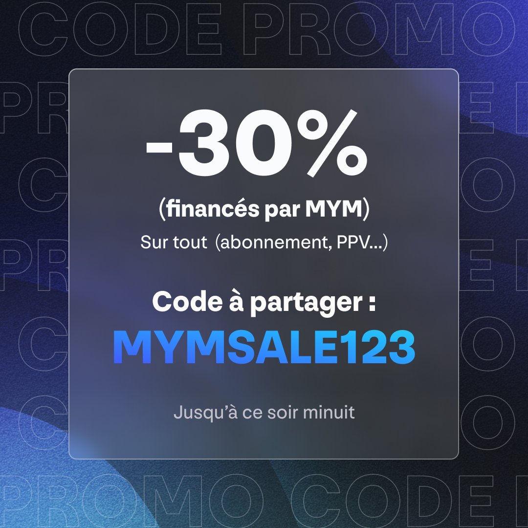 Hey you ! 

🤑 30% de réduction sur tout ! 

👉 Avec le code 𝗠𝗬𝗠𝗦𝗔𝗟𝗘𝟭𝟮𝟯 

🚨 Jusqu'à minuit seulement 

RT et partage-le à tes abonnés, intéressés et anciens abonnés 🔥

#mym #mymfans