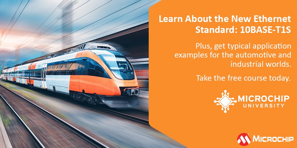 MicrochipTech's tweet photo. Get an introduction to 10BASE-T1S Single Pair Ethernet (SPE). This FREE class offers a brief description of the new Ethernet standard called 10BASE-T1S, and some of its application examples. Register: https://t.co/KTnULFgr2s. #ethernet #spe #automotive #industrial https://t.co/BP9LhdnoF8