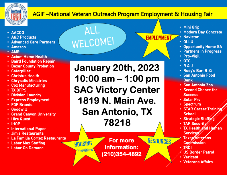 WomenVetsOfSA's tweet photo. Check out this upcoming AGIF-National Veteran Outreach Program Employment and Housing Fair at the SAC Victory Center on 20 Jan-lots of great organizations will be available!  #vetsupport #militarycityusa #GIForum #VictoryCenter https://t.co/GSSYKWNPKP