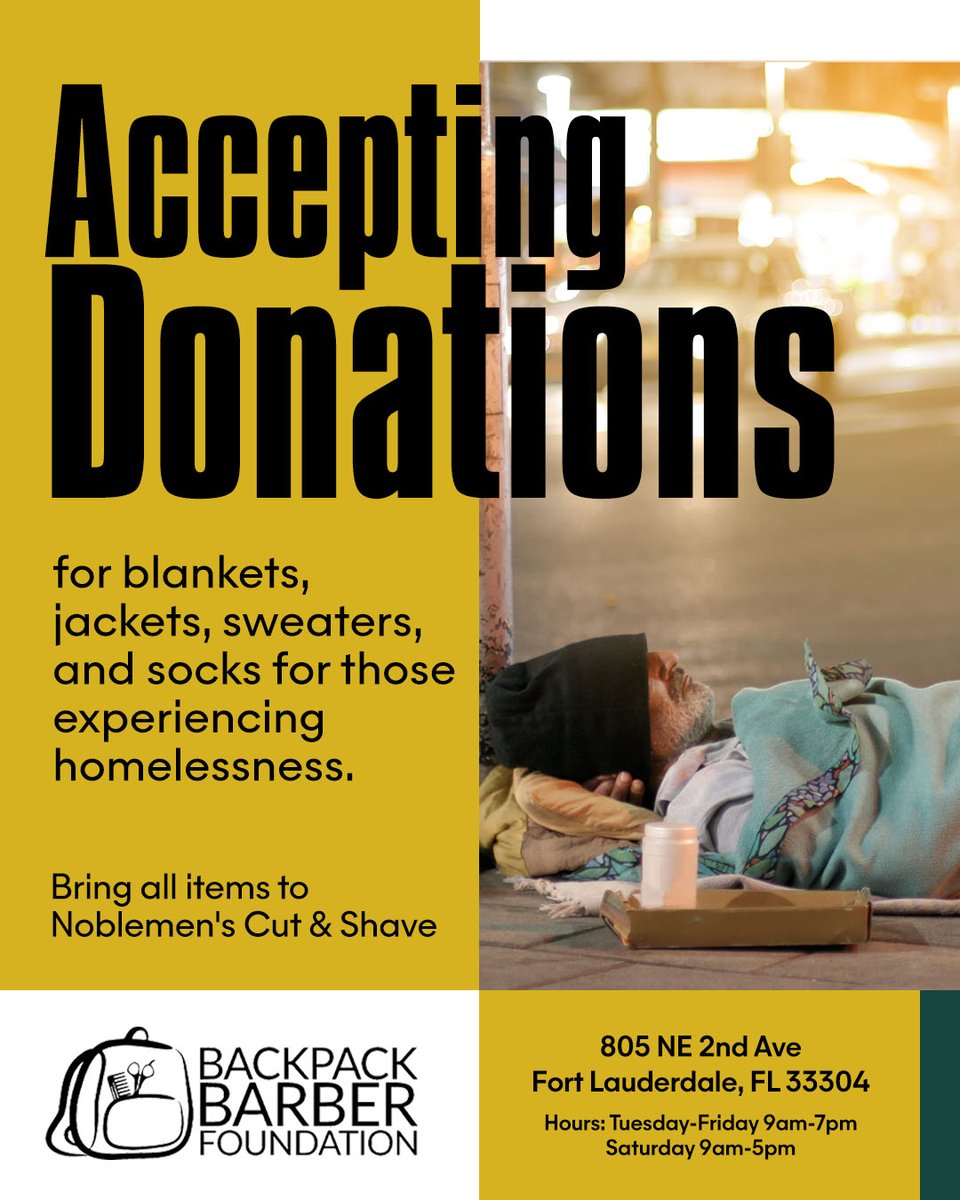 backpack_barber's tweet photo. Just a reminder everyone, we will be passing out cold-weather gear to the #homeless in our community in the coming weeks, so we need donations ASAP! Please drop off blankets, jackets, sweaters, socks, and any other cold weather gear at 805 NE 2nd Ave, Fort Lauderdale, FL 33304. https://t.co/VSSXIIoxDh