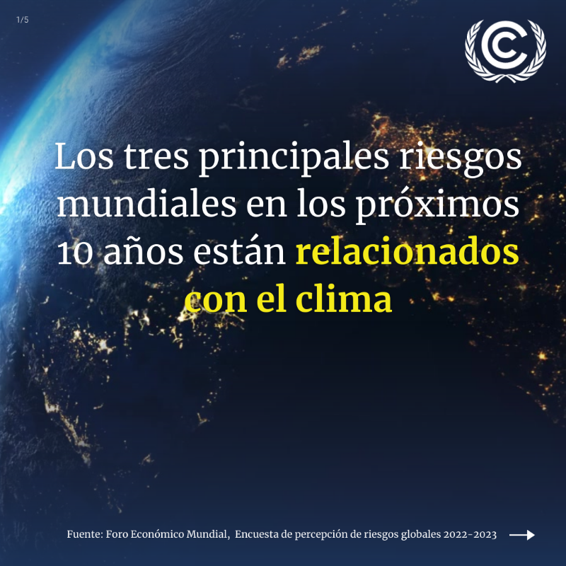 CMNUCC's tweet photo. La Encuesta de percepción de riesgos globales 2023 del @wef_es concluye que el #CambioClimático sigue siendo el mayor riesgo al que se enfrenta el mundo 🌎 en la próxima década.📅

La plena aplicación del #AcuerdoDeParís es más urgente que nunca.
