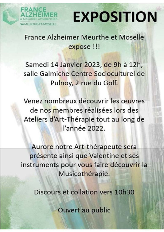 #Exposition
🖼️🎨 Sam. 14 janvier de 9h à 12h, exposition des œuvres des membres de <a href="/FranceAlzheimer/">France Alzheimer et maladies apparentées</a> 5⃣4⃣  réalisées au cours des ateliers d'art-thérapie durant l'année 2022. 
Ça se passe de 9h à 12h au centre socioculturel de #Pulnoy