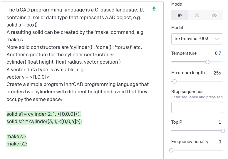 paramate3D's tweet photo. Another advantage of #CAD with #code: You can teach #ChatGPT to use it! After some basic info about our CAD language passed to #GPT3 we have our first #AI-generated #trCAD script. Mind-blowing! 🤯

Can we soon #automate the #designautomation process?🤖🤖🙃

#cadscripting https://t.co/ALSKaqNP2k