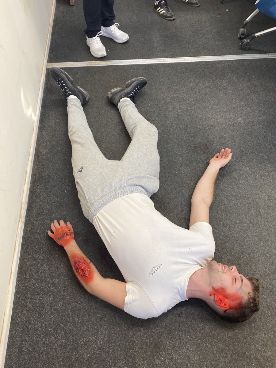 TrainingBAM's tweet image. Take a look at these action shots from our First Aid training course this morning. Clint is getting far too good at this SFX makeup...