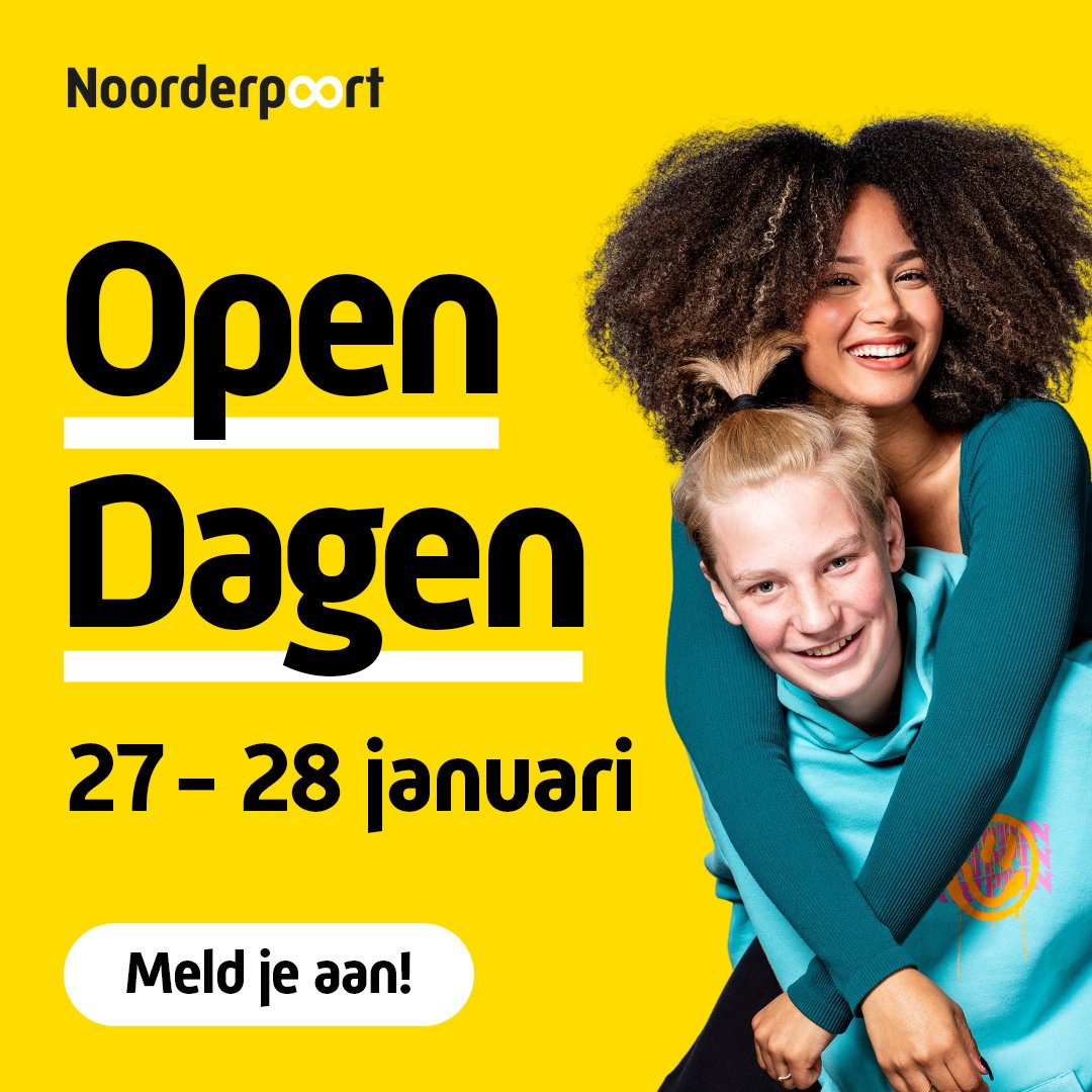 Op 27 &amp; 28 januari is het weer tijd voor onze Open Dagen. Kom een kijkje nemen in onze scholen, al je vragen stellen over studiekeuze en het mbo of gewoon even sfeer proeven. Het kan allemaal. Wij hebben er zin in! 💛

Aanmelden kan via noorderpoort.nl/opendagen