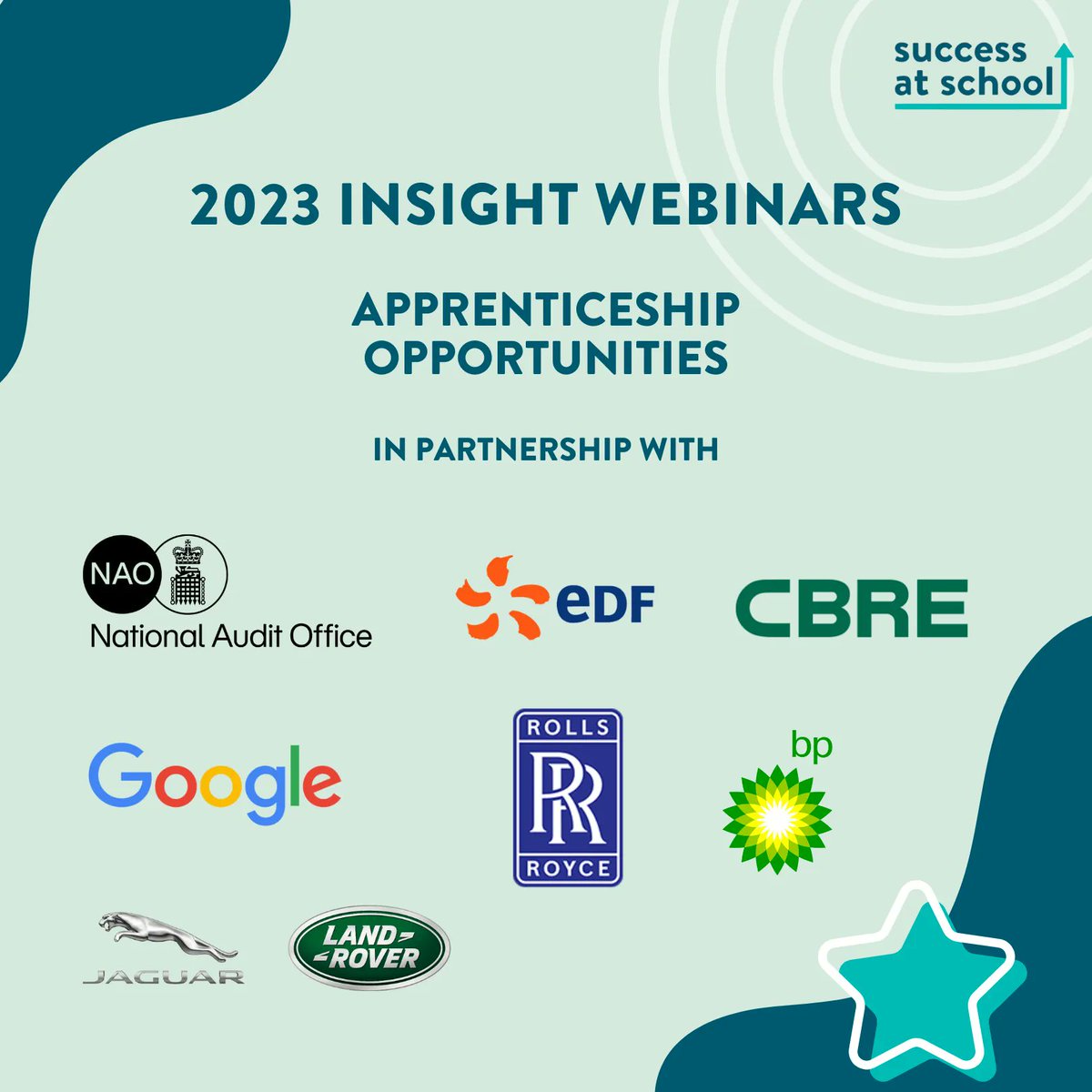successatschool's tweet photo. We’re kicking 2023 off with a new series of school insight webinars with our partners Rolls-Royce plc, EDF, bp, CBRE, Life at Jaguar Land Rover, UK National Audit Office and Google. https://t.co/2mTA7alu1z

#careerswebinar #earlycareers #parents#careersleaders #apprenticeships https://t.co/6Fzbq1GgWy