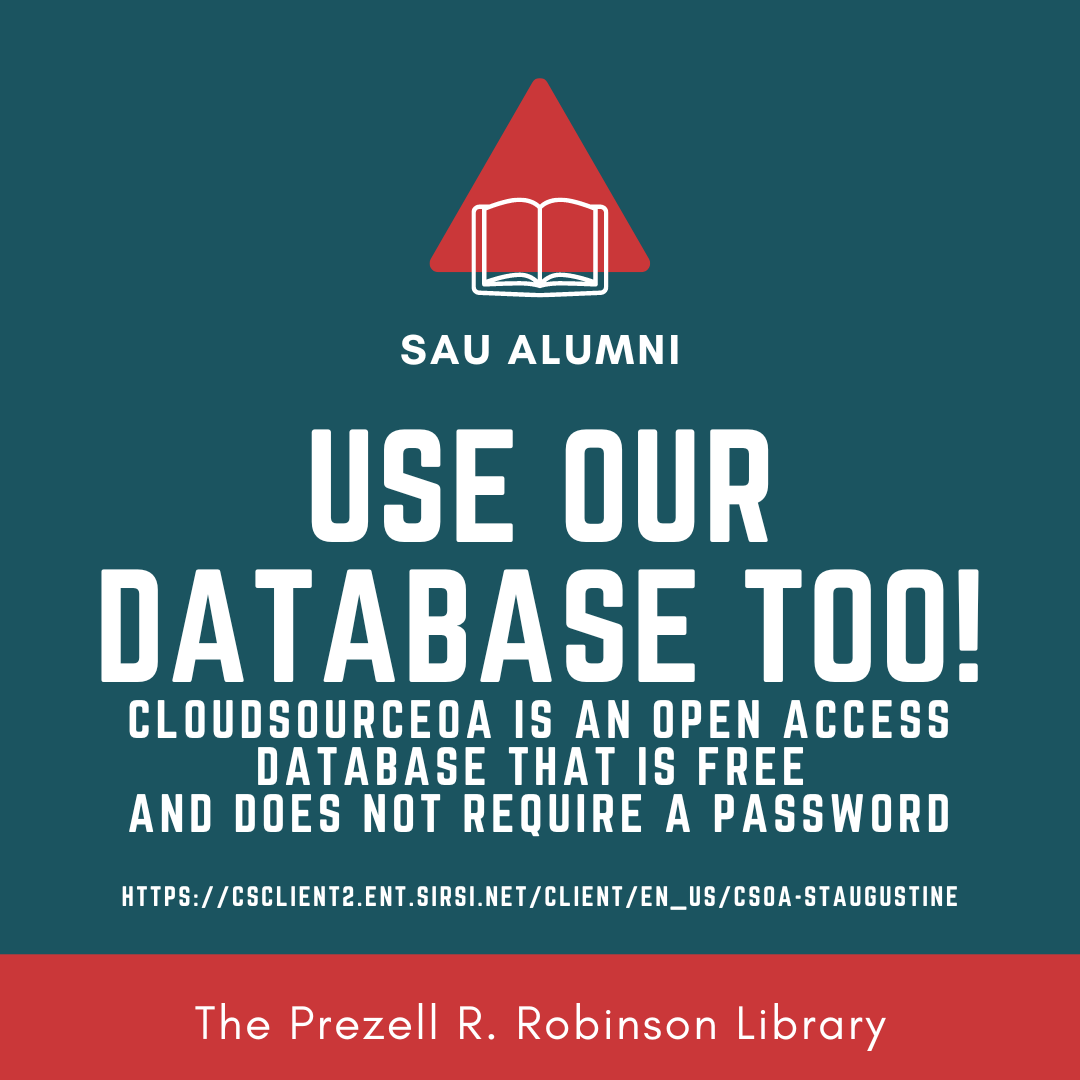 PrezRobLibrary's tweet photo. SAU alumni! 
You can use our resources too! 
https://t.co/z5gx73BIIe
#openaccess #cloudsourceOA #theprezellrrobinsonlibrary @saufalcons https://t.co/3h5EnIbKg9
