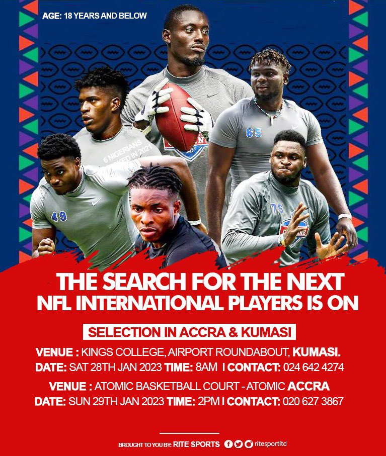 RealYawSakyi's tweet photo. Be one of the players from Ghana to participate in the next NFL Africa Camp. See flyer for details. You don’t have to know the game. Just be ready to learn and the team will take it from there. 

#NFLAfrica #RITESports #UpRise #NewOpportunities https://t.co/QOjg2vSBJp