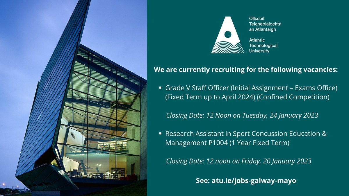 ATU_GalwayCity's tweet photo. #jobfairy We're hiring! We are currently recruiting for the following vacancies. #hiring #teamATU
Find out more: https://t.co/8UK9rE6fUl https://t.co/95560oGazq