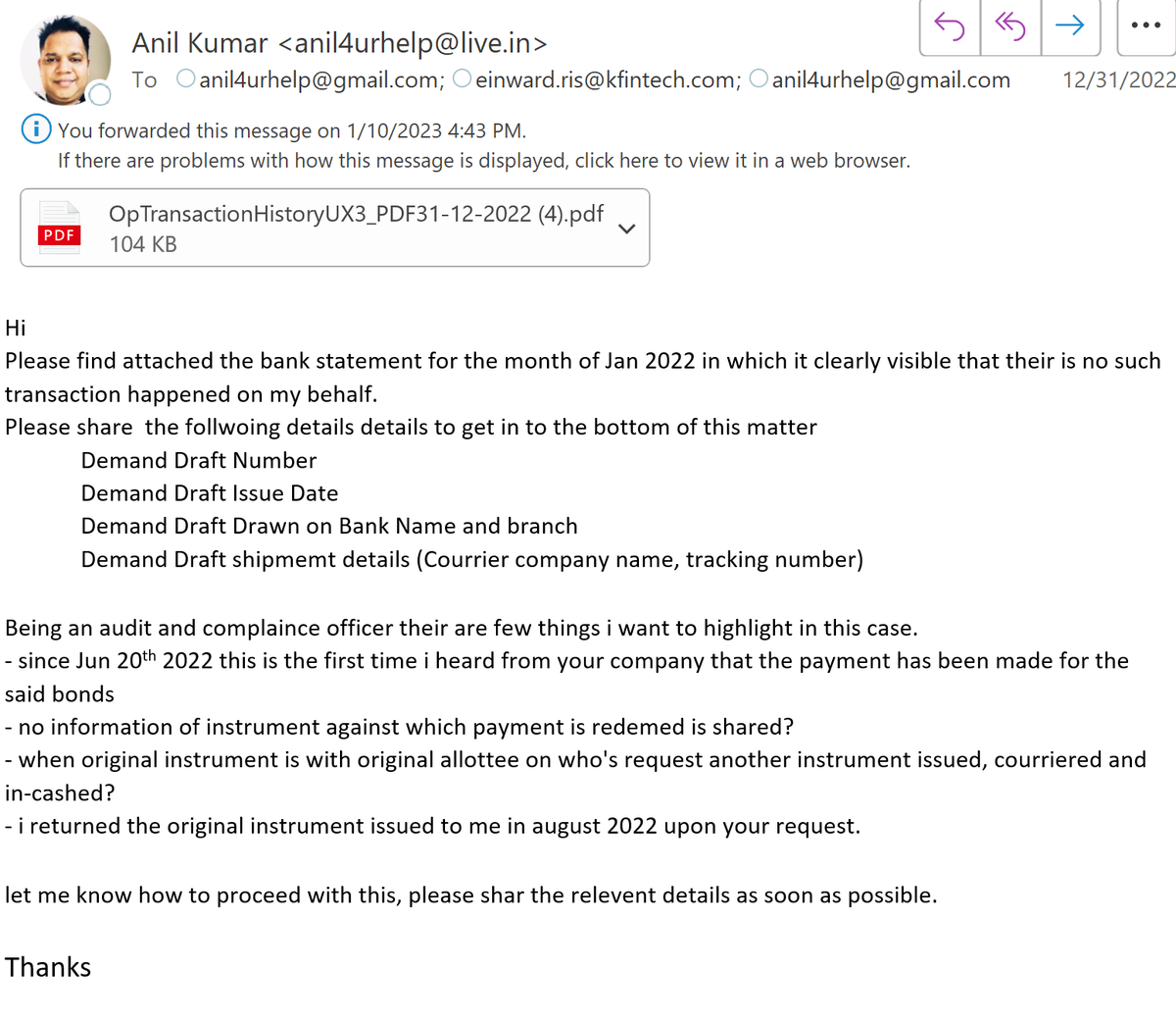 anil4urhelp's tweet photo. @weKFintech I shared the bank statement already twice but when i call support to enquire they say they didn't received the email. https://t.co/wrDTydNzxk