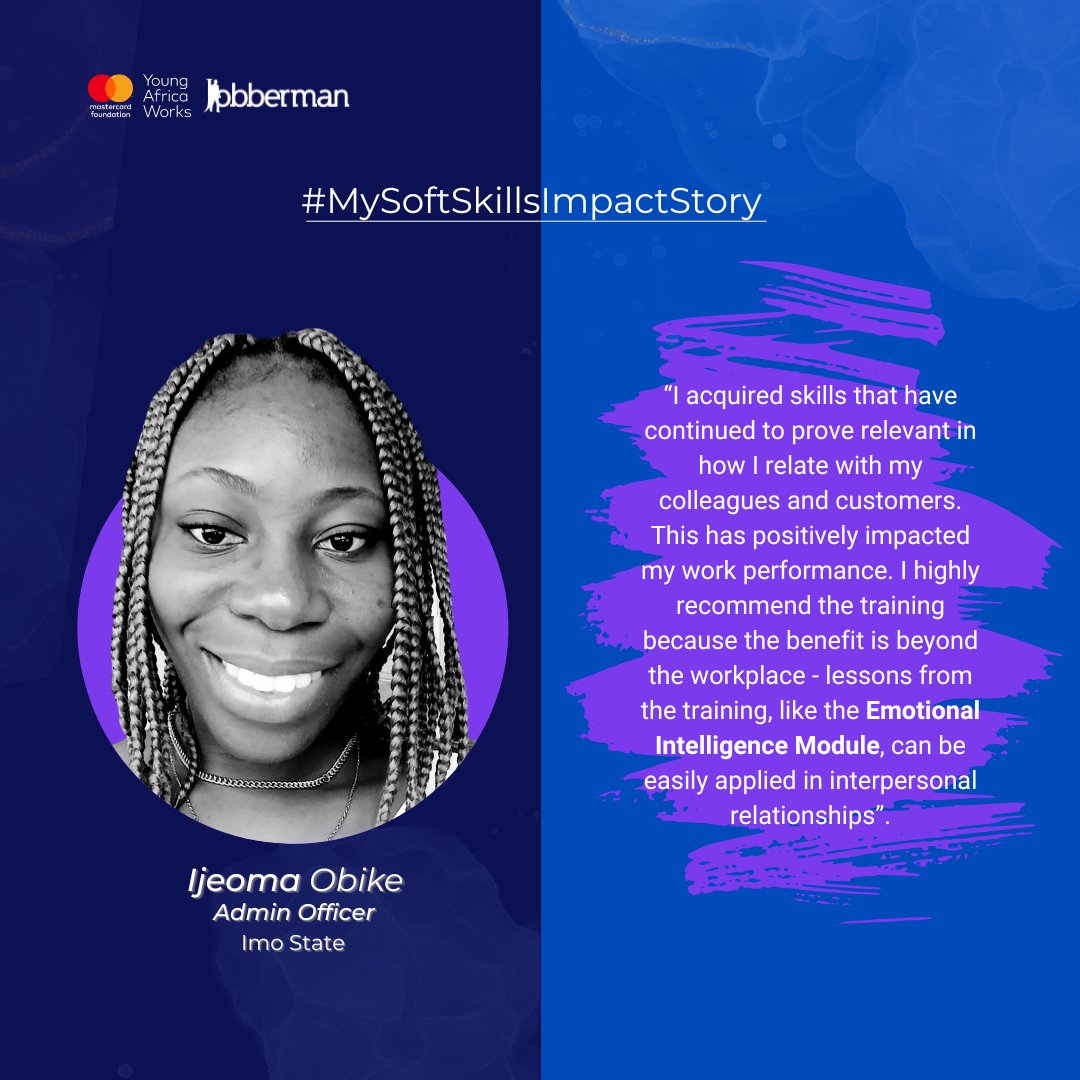 Jobbermandotcom's tweet image. Ijeoma Obike shares how taking the #JobbermanSoftSkillsTraining equipped her with skills that are relevant not only in the workplace, but her personal life also.

Want to take your work performance to the next level?
Register Now: fal.cn/3v4Xq