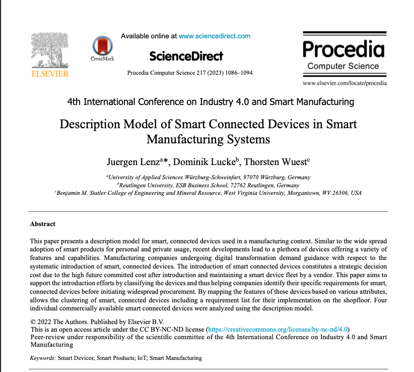 ThorstenWuest's tweet photo. Our new paper 'Description Model of #SmartConnected Devices in #SmartManufacturing Systems' now available w/ @LenzJuergen & Dominik Lucke. #SmartProducts #Industry40 #SmartSensors #IoT // Open Access here: https://t.co/0fmU97Y229 https://t.co/wIkPMBSzOh
