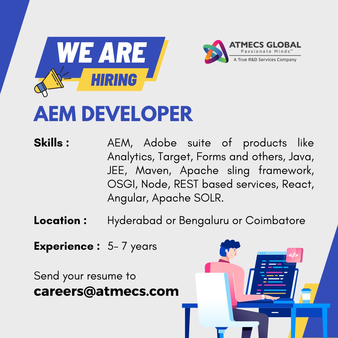 ATMECS's tweet image. We are Hiring!
#AEMDeveloper #AEM #java #JEE #Maven #React #Angular
