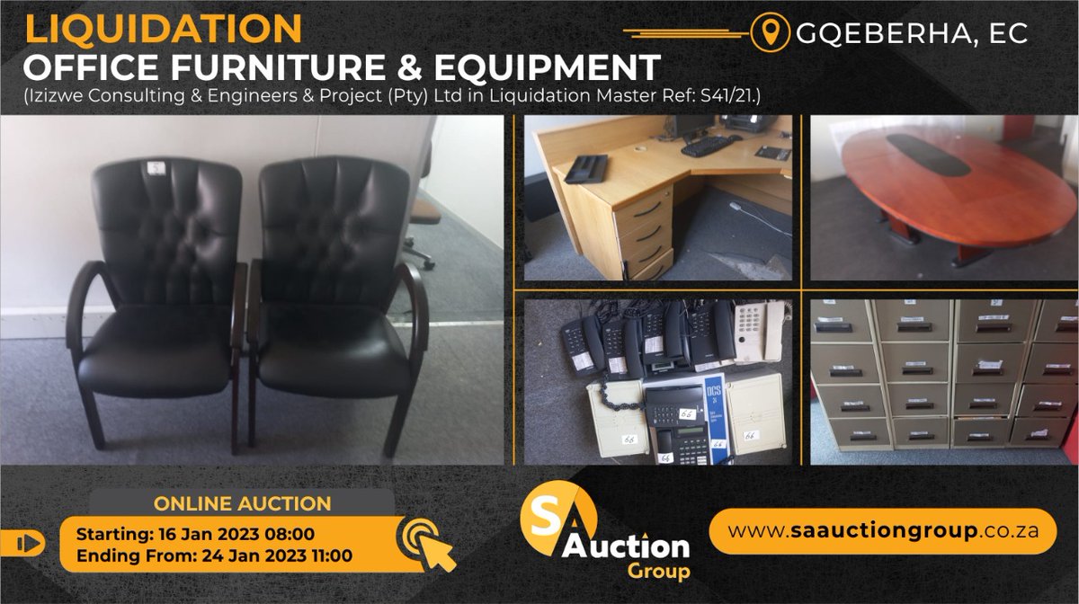 Auction Link: saauctiongroup.co.za/Auctions/3658/…

#liquidation #onlineauction #publicauction #gqeberha #portelizabeth #sauauctiongroup #officefurniture #forsale #computers #auction #easterncape