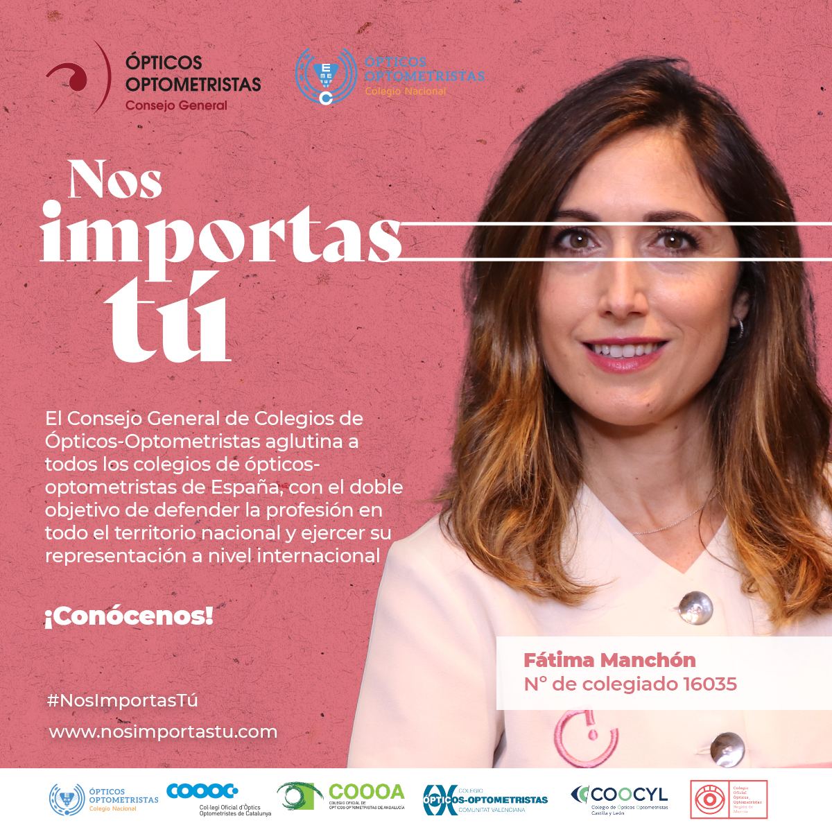 CNOO_Spain's tweet image. #NosImportasTú visibiliza y pone en valor el trabajo que desarrollamos los #ópticosoptometristas como profesionales sanitarios, además denuncia las malas prácticas y la publicidad engañosa y transmite la importancia de las revisiones periódicas para evitar riesgos en la #salud.