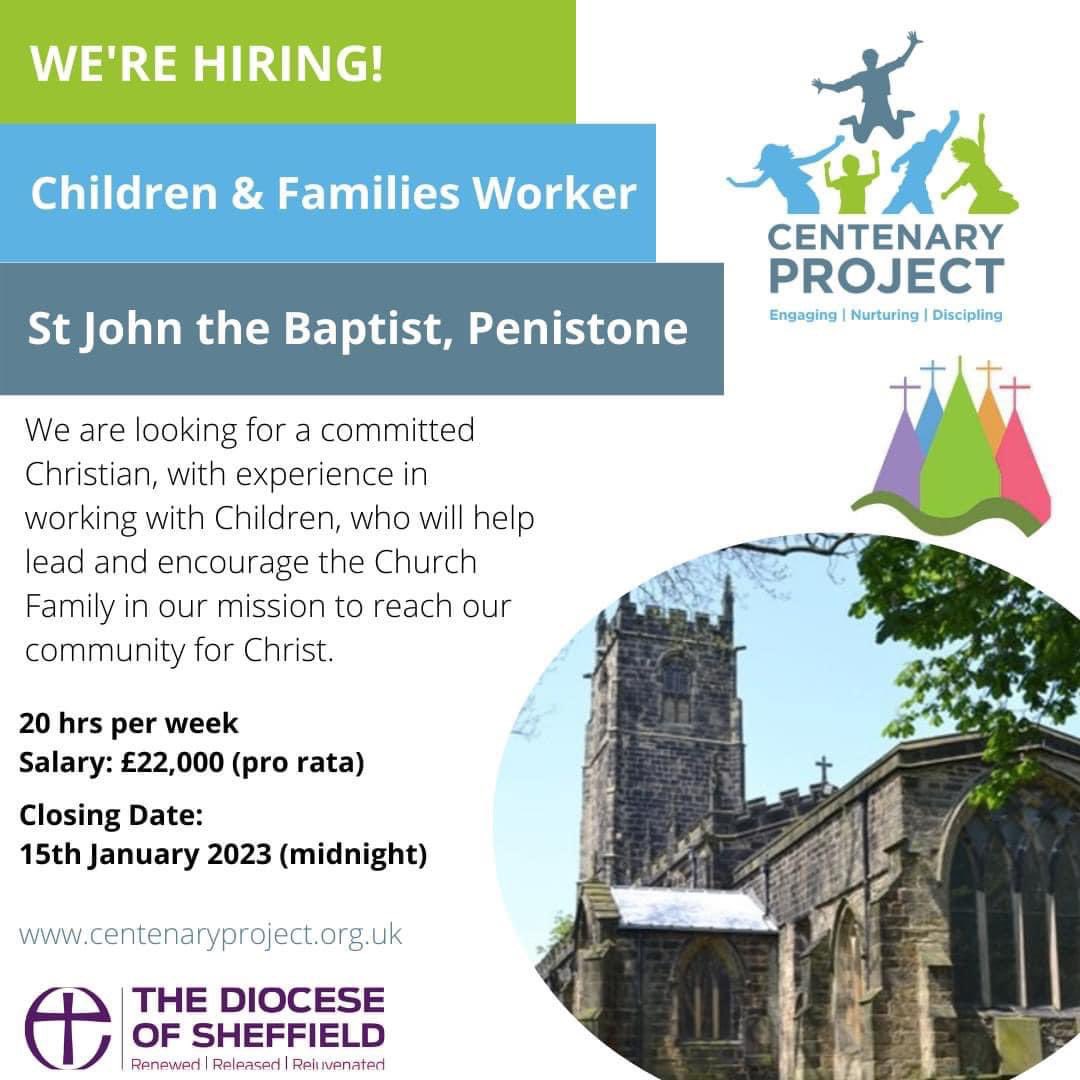 CentenaryProj's tweet image. Last chance to apply for our 3 vacancies, closing date is this Sunday. 

All Children &amp;amp; Family Worker roles. 

- Heeley Parish Church
- St John The Baptist, Penistone
- St Marys Church, Sprotbrough

For more information see our website - sheffield.anglican.org/centenary-proj…