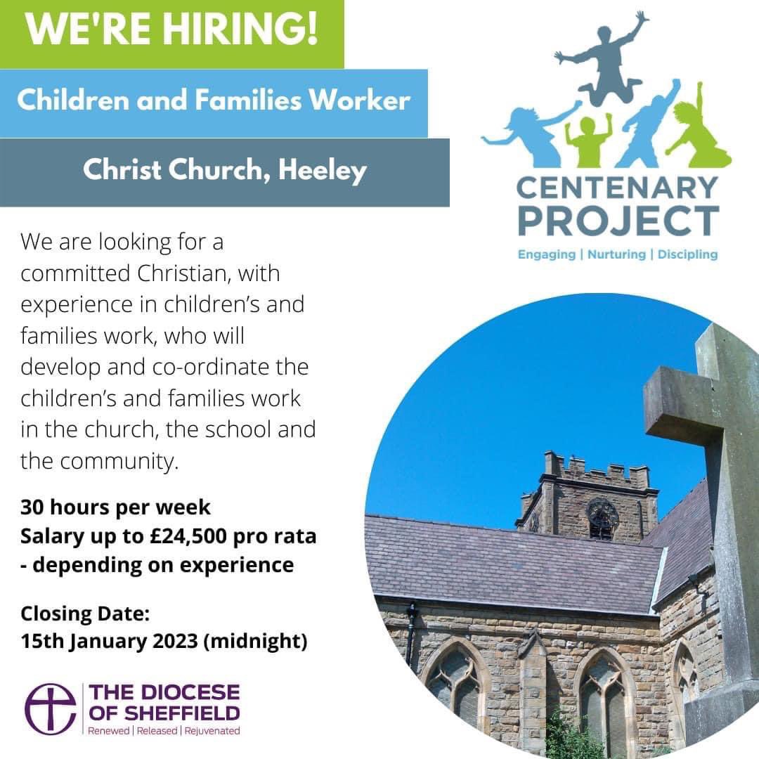 CentenaryProj's tweet image. Last chance to apply for our 3 vacancies, closing date is this Sunday. 

All Children &amp;amp; Family Worker roles. 

- Heeley Parish Church
- St John The Baptist, Penistone
- St Marys Church, Sprotbrough

For more information see our website - sheffield.anglican.org/centenary-proj…