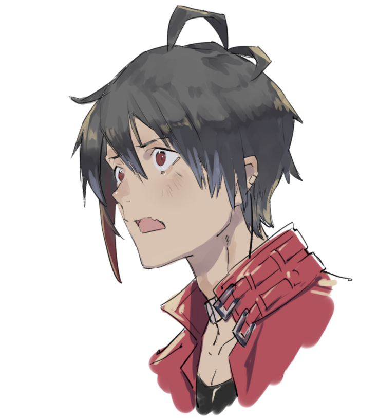 1boy ahoge black hair blush fang hair between eyes jacket  illustration images