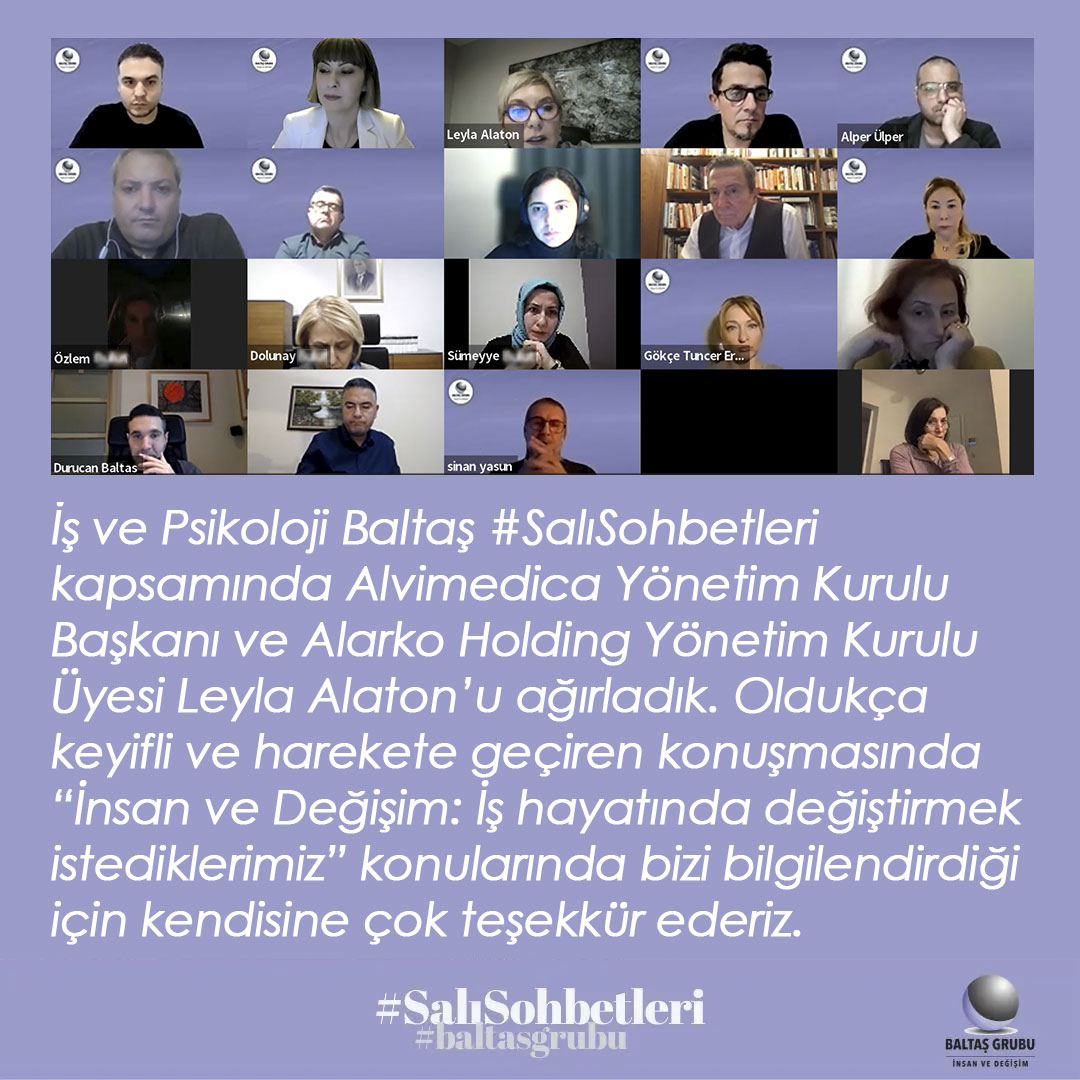 “İş ve Psikoloji Baltaş #SalıSohbetleri” kapsamında İş hayatına yön veren Sayın <a href="/AlatonLeyla/">Leyla Alaton</a> 'un keyifli konuşmasında birlikteydik. “İnsan ve Değişim: İş hayatında değiştirmek istediklerimiz" konularında bizi bilgilendirdiği için kendisine çok teşekkür ederiz. 🟣