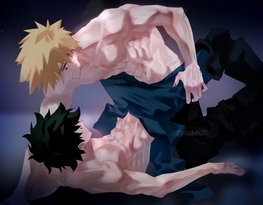 2boys abs black pants blonde hair freckles green hair looking at another  illustration images