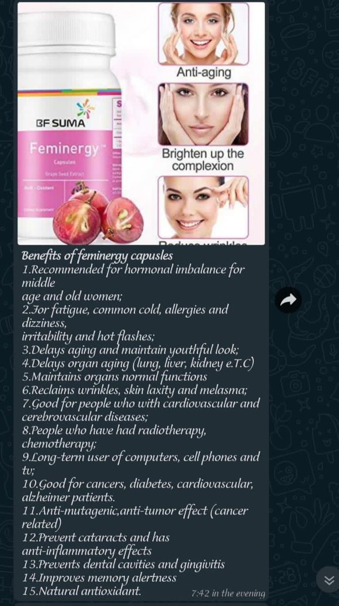 Are you still worried about it?
-Unhealthy Skin
-Wrinkles
-Diseases with Aging
𝐁𝐅 𝐒𝐔𝐌𝐀 𝐅𝐄𝐌𝐈𝐍𝐄𝐑𝐆𝐘 𝐂𝐀𝐏𝐒𝐔𝐋𝐄𝐒
One of the strongest anti-oxidants at present!
20~50 times of anti-oxidation capacity than Vitamin C and Vitamin E!  #Bfsuma #skincare call 0716729340
