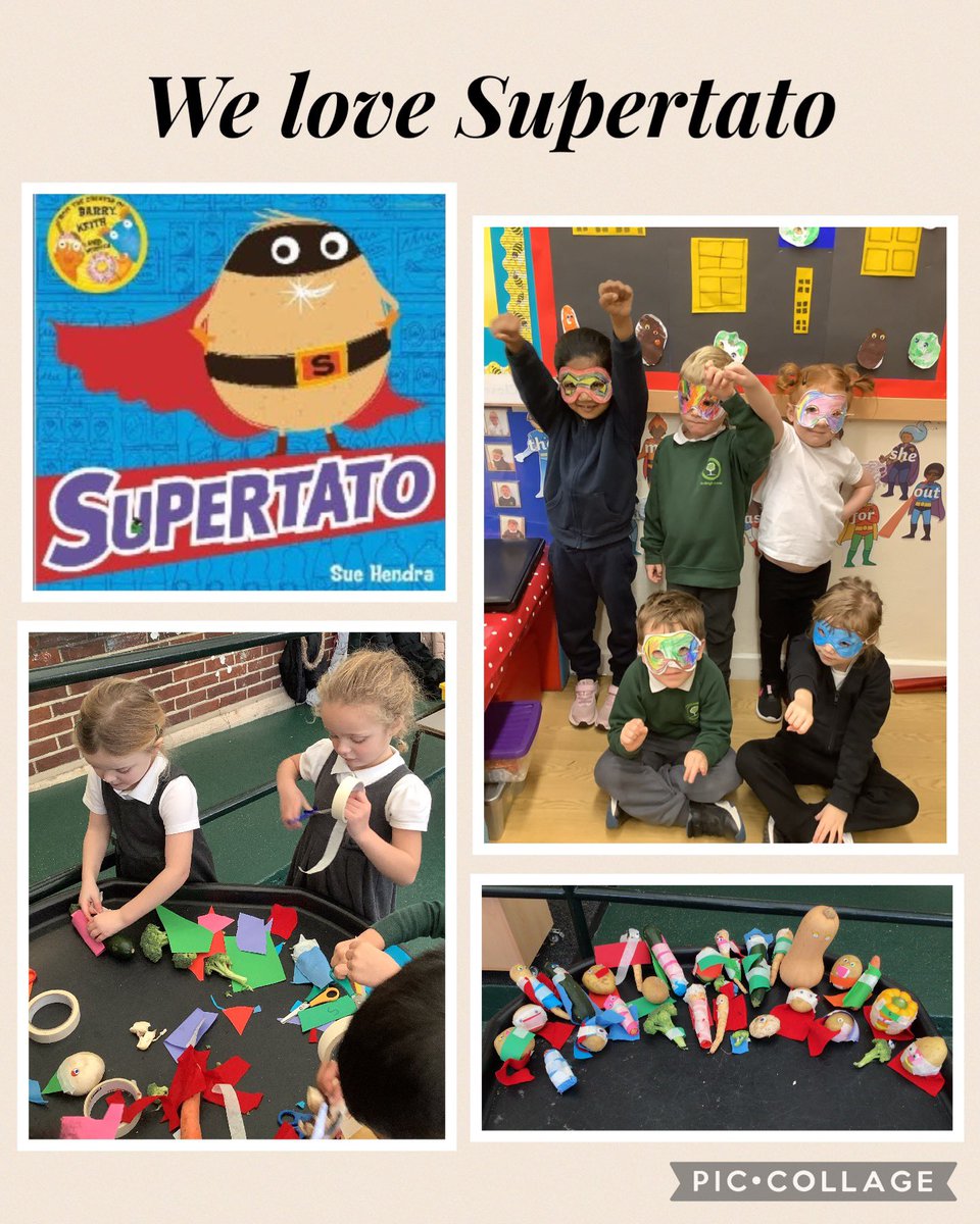 AGInfschool's tweet photo. Supertato by Sue Hendra and Paul Linnet was a great success this week in the Wagtails. We enjoyed creating veggie superheroes and designing our own masks. In PE we developed our superpower skills balancing and then aiming beanbags into hoops. #agiwagtails #agieyfs #agipe https://t.co/9ACwXy0BQz