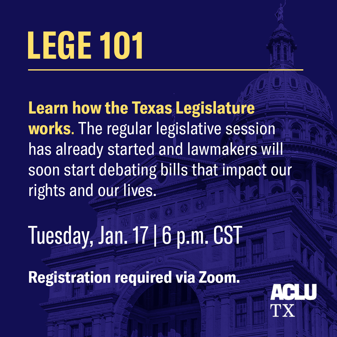 ACLUTx's tweet photo. Together, we can demand that the Texas Legislature rewrite laws and fund programs that will improve our daily lives.

Get informed and engaged during our upcoming #TXLege trainings.

🎟️ Register for free at https://t.co/fl2KhYLzmU https://t.co/uFpQd9jgcC