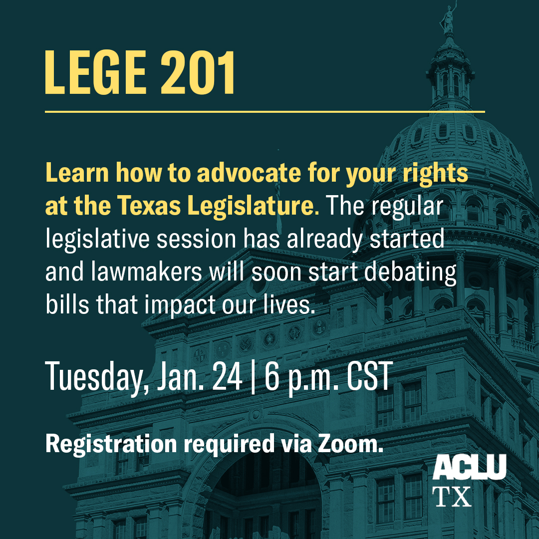 ACLUTx's tweet photo. Together, we can demand that the Texas Legislature rewrite laws and fund programs that will improve our daily lives.

Get informed and engaged during our upcoming #TXLege trainings.

🎟️ Register for free at https://t.co/fl2KhYLzmU https://t.co/uFpQd9jgcC