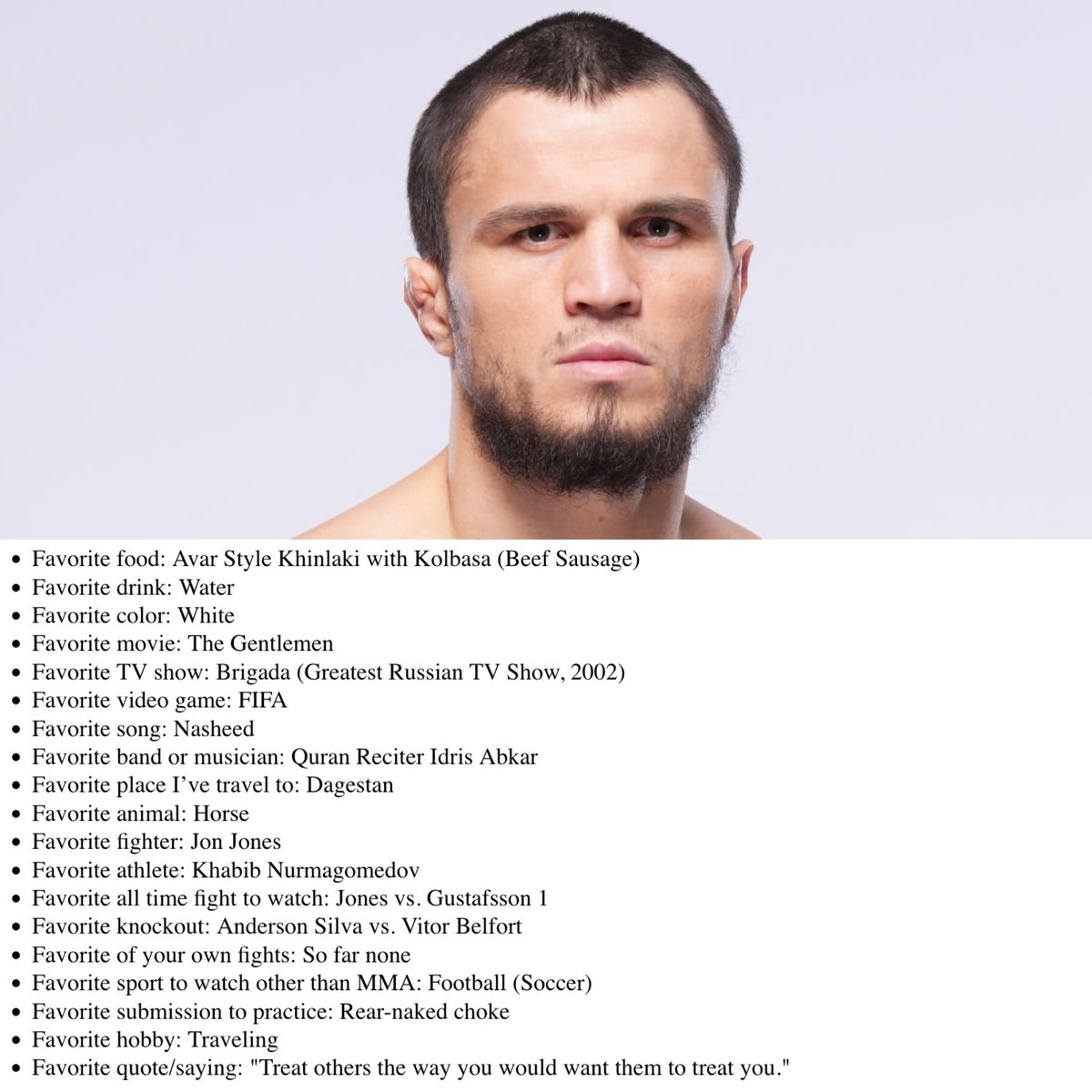 AlexBehunin's tweet image. Humanizing Athletes: Umar Nurmagomedov

Umar lists some of his favorite things ahead of his fight this weekend at #UFCVegas67!