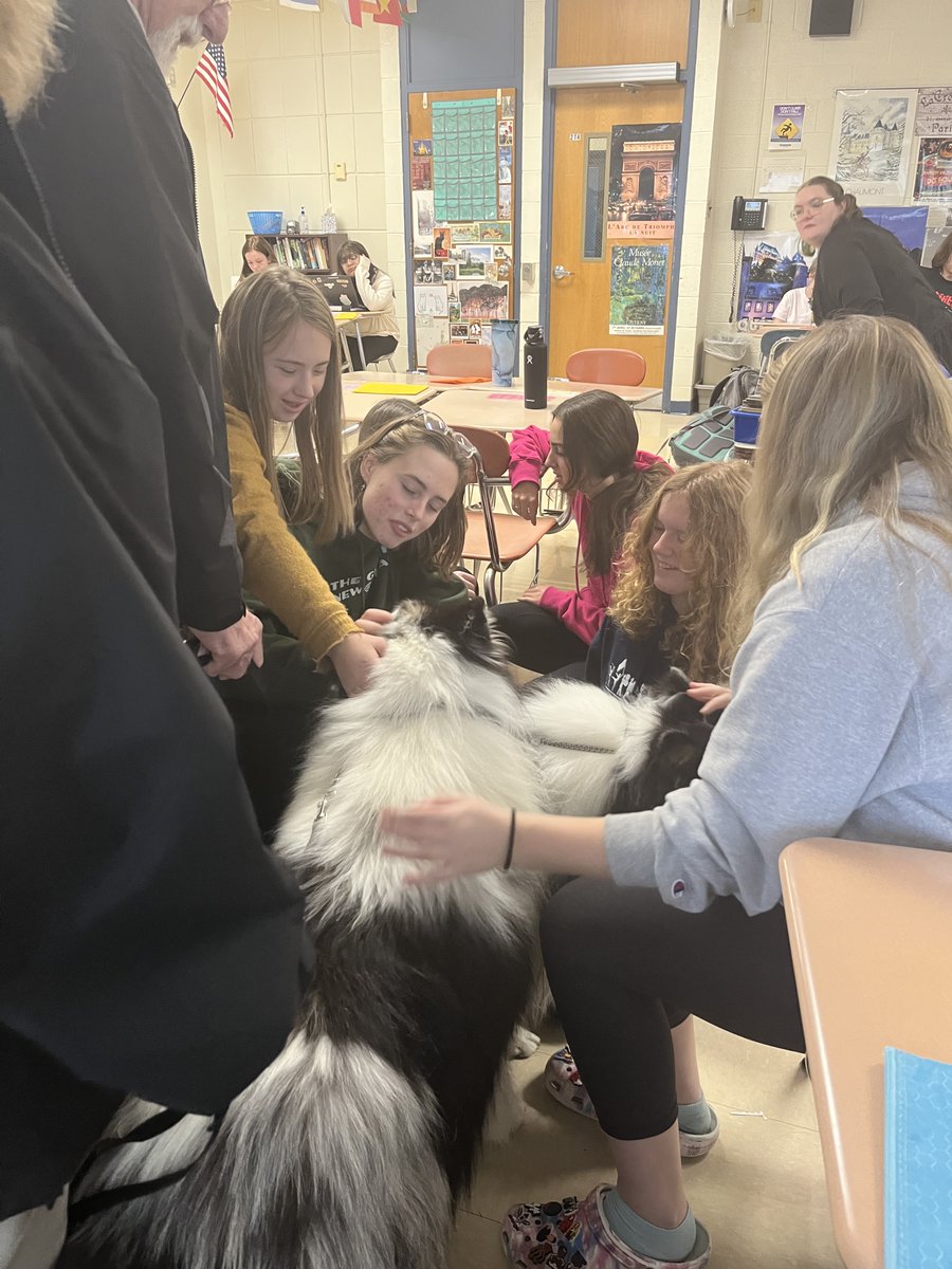 Briggs_Colls's tweet photo. We were lucky enough to have 'les chiens' visit during period 6 to brighten everyone's day! Merci! Mrs. Gizzo! @Colls_HS https://t.co/MDrP79e9QB