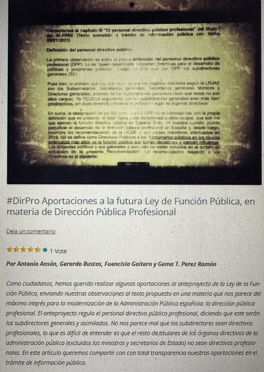 ¿Qué es un directivo público? ¿Quiénes deben ser directivos públicos? ¿Tiene sentido el cese por pérdida de confianza? ¿Cómo aplicar la evaluación del desempeño? 
Propuestas a la futura ley <a href="/Antonio_Anson/">Antonio Ansón</a> <a href="/fgaitero/">😊Fuencisla Gaitero</a> <a href="/GemaTPrezRamn/">Gema T. Pérez Ramón</a> <a href="/GerardoBustosP/">@🙋🏻‍♂️🚀🤗😘Gerardo Bustos</a> 
#DirPro

 …ajandomasporunpocomenos.wordpress.com/2023/01/13/