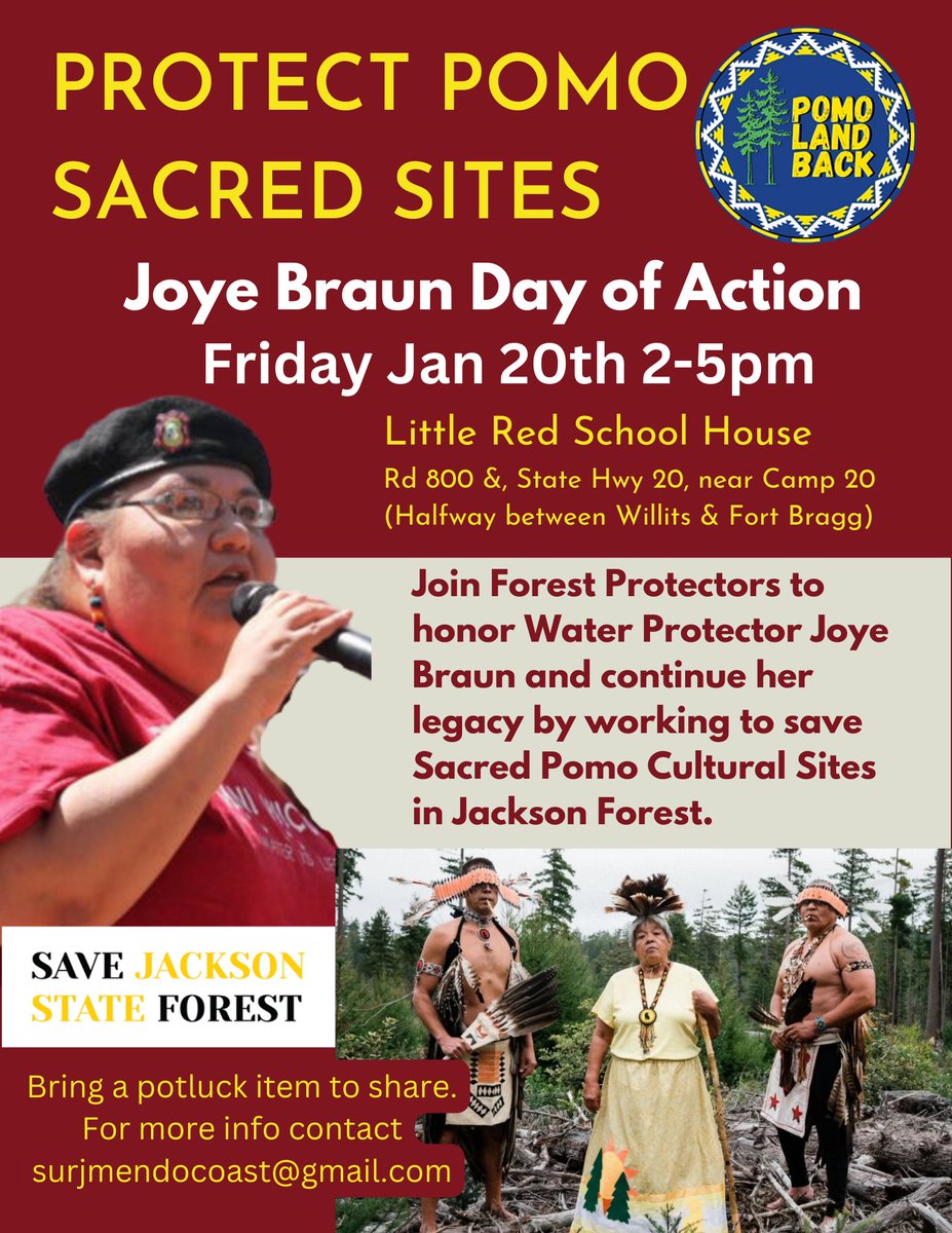 VozSilvestre's tweet photo. One week away! Join #Jackson forest defenders for a rally for #PomoLandBack in honor of Joye Braun on Friday Jan 20th 2-5pm at the Little Red School House, on Hwy 20. #Mendocino #redwoods
For more info 👉https://t.co/kaCmH49CvS https://t.co/PZzEGooZDG