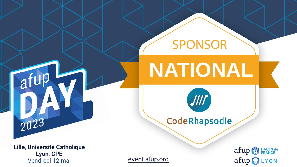 afup's tweet photo. Nous sommes ravis d'accueillir @coderhapsodie parmi nos sponsors de l'AFUP Day 2023, soutenant la communauté à Lille comme à Lyon au printemps prochain. Merci de votre présence à nos côtés !
🏆 Code Rhapsodie - sponsor national de l'AFUP Day 2023 - vendredi 12 mai https://t.co/e947lKGWIL
