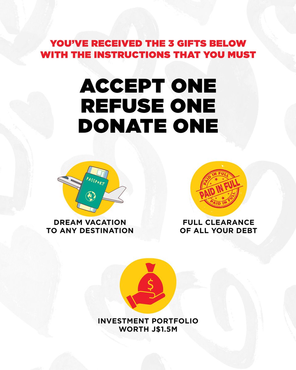 JMMBGroupJA's tweet photo. Take your pick! π From the gifts above, you can choose ONLY ONE of these options ππΎ:
ππΏ Accept one
ππΏRefuse one
π Donate one
Which option are you choosing?π€ Sound off in the comments. π¬
#JMMB
#JMMBTrivia https://t.co/D3KAK2QqHV