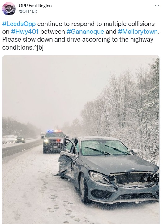 From Leeds OPP:
#LeedsOpp continue to respond to multiple collisions on #Hwy401 between #Gananoque and #Mallorytown. Please slow down and drive according to the highway conditions.