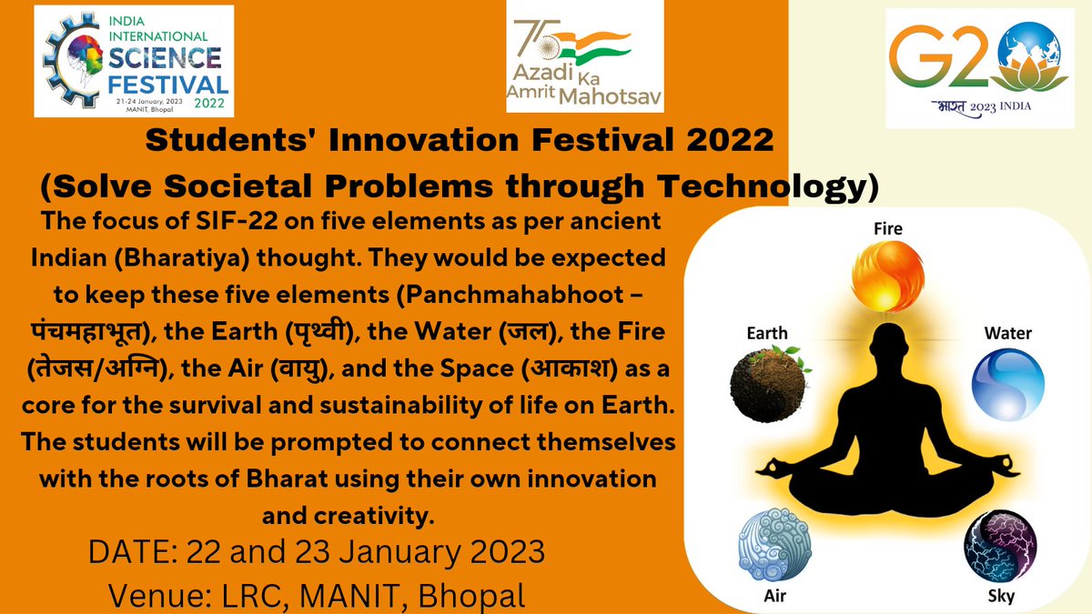 IISF-SIF: an event of making the life easier with the compilation of five elements air (Awareness), water (Mind), fire (Intelligence) , space (Consciousness) and earth (Body)<a href="/MpVigyan/">Vigyan Bharati Malwa Prant</a> <a href="/Vibha_India/">Vijnana Bharati</a> <a href="/iisfest/">India International Science Festival</a> <a href="/VBrahmavart/">Vigyan Bharati Brahmavart</a> @punevibha <a href="/PrinSciAdvOff/">Office of Principal Scientific Adviser to the GoI</a> <a href="/ScienceNews/">Science News</a> <a href="/NASA_Technology/">NASA Technology</a>