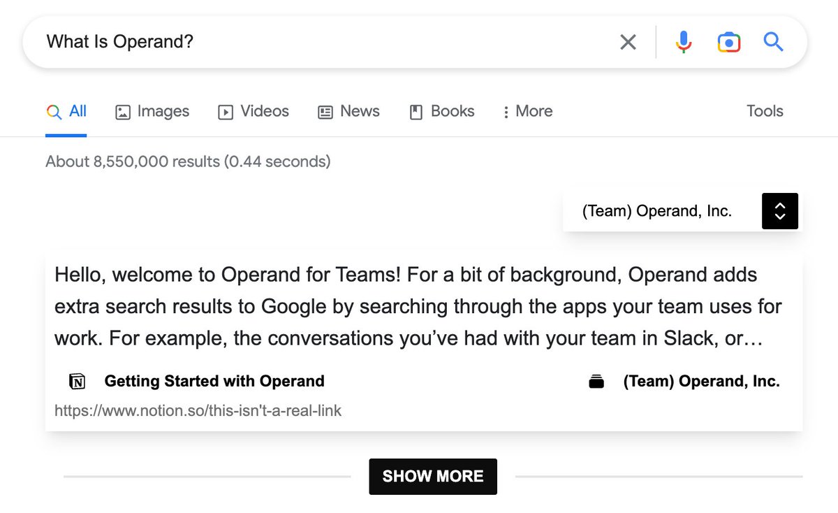 morgallant's tweet photo. Launching @OperandAI for Teams today! Lets you and your team search over the contents of your Slack, Notion, Discord, Linear and GitHub, right from Google (+ transcripts of Zoom, GMeet &amp; Teams meetings).

Link: https://t.co/WXHgcjjx5M https://t.co/10zjv2G5mW