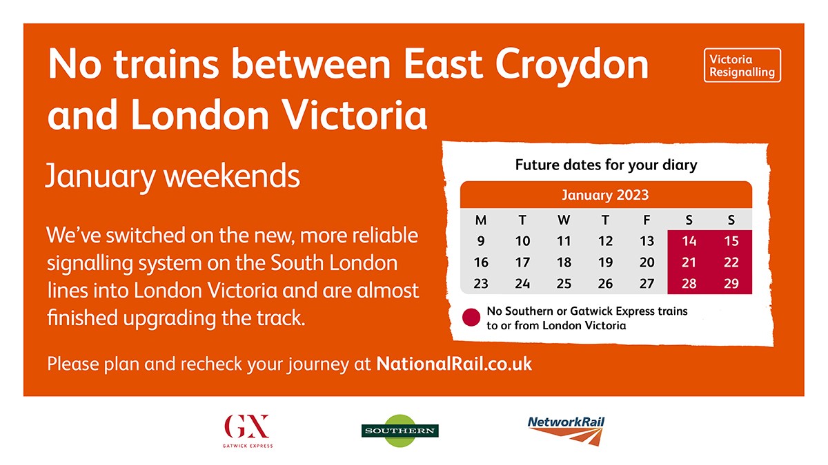 👷‍♀️👷 No Southern trains will run to or from London Victoria while @NetworkRailSE carry out works on the 14, 15, 21, 22, 28 and 29 January. ℹ Full details on alternative journey options southernrailway.com/travel-informa…