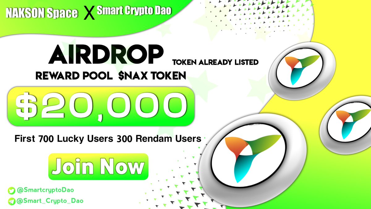 🥳  NAKSON Space &amp; Smart Crypto Dao Massive #Airdrop 

🏆 Reward Pool:- $20,000 $NOX Token
First 700 Users &amp; 300 Rendam Users

To Enter⤵️
1️⃣ Follow <a href="/NAKSONSpace/">NAKSON Space</a> &amp; <a href="/Smartcryptodao/">Smart Crypto Dao 🌐</a>
2️⃣ Like, RT &amp; Tag 3 Friends
3️⃣ Finish #Gleam ⤵️
gleam.io/bqOwY/nax-toke…

 28JAN⏰

#fcfs #Giveaway