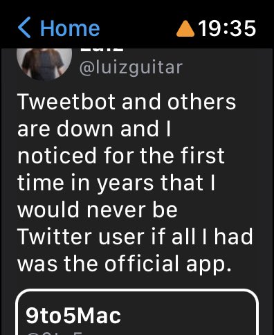 luizguitar's tweet photo. Interesting: Chirp for Apple Watch is working and updating. Is it something to do with API version? However my Tweetbot v5 that (I think) uses the old API https://t.co/lMQLi8bYI7