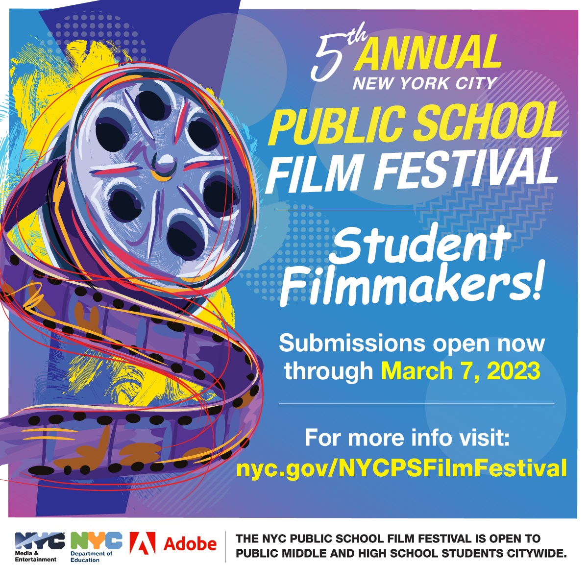 .<a href="/NYCSchools/">NYC Public Schools</a> students: love to make movies? 

Get your teacher to send in your film to the NYC Public School Film Festival: on.nyc.gov/2S0MMnF

Deadline March 7. #NYCPSFilmFestival 🎬📽️